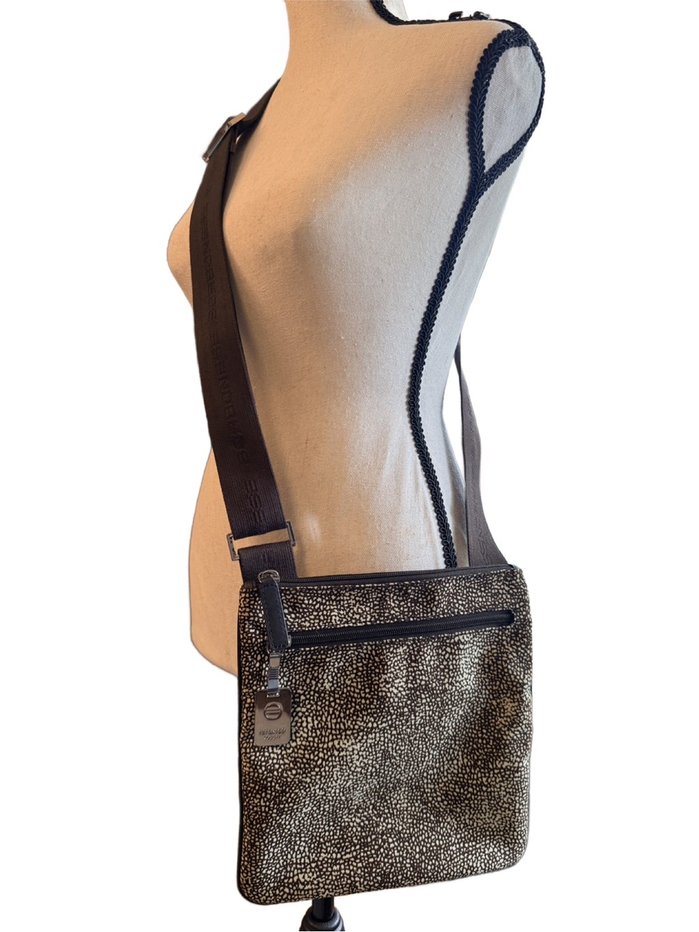 Borbonese OP Medium Luna Bag Crossbody Bag Brown and Cream Nylon w Leather Trim